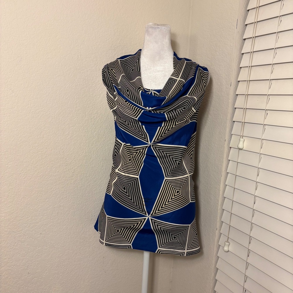Y2K Royal Blue Geometric Optical Abstract Retro Cowl Neck Sleeveless Top Sz L